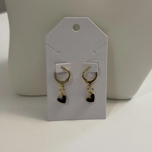 Huggie Hoop Leverback Earrings with Black Heart drop charms 24K Gold Plated